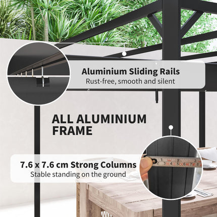 3 x 3m Aluminium Pergola with Retractable Roof and Wall - Dark Grey