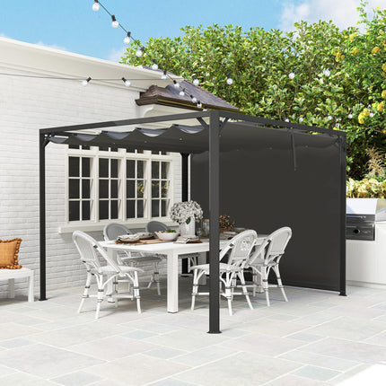 3 x 3m Aluminium Pergola with Retractable Roof and Wall - Dark Grey