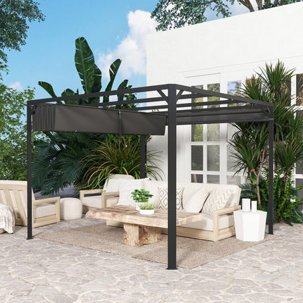 3 x 3m Aluminium Pergola with Retractable Roof and Wall - Dark Grey