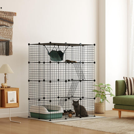 4-Tier Large DIY Indoor Cat Cage with Hammock, Ramps & 5 Doors for 1-3 Cats - Black