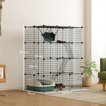 4-Tier Large DIY Indoor Cat Cage with Hammock, Ramps & 5 Doors for 1-3 Cats - Black