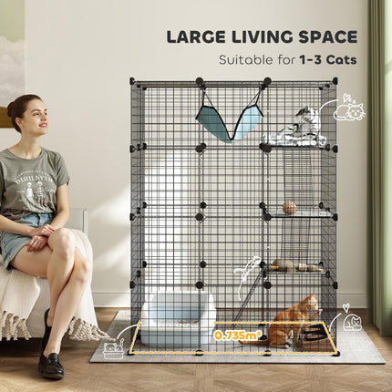 4-Tier Large DIY Indoor Cat Cage with Hammock, Ramps & 5 Doors for 1-3 Cats - Black