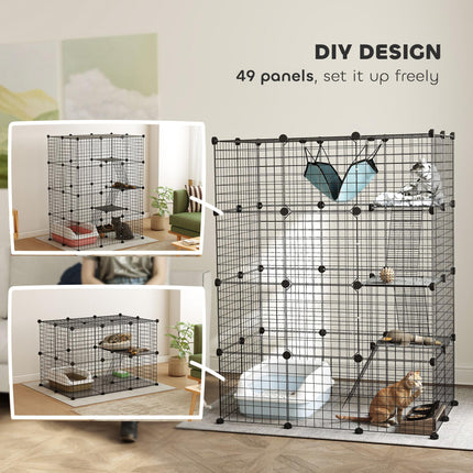 4-Tier Large DIY Indoor Cat Cage with Hammock, Ramps & 5 Doors for 1-3 Cats - Black