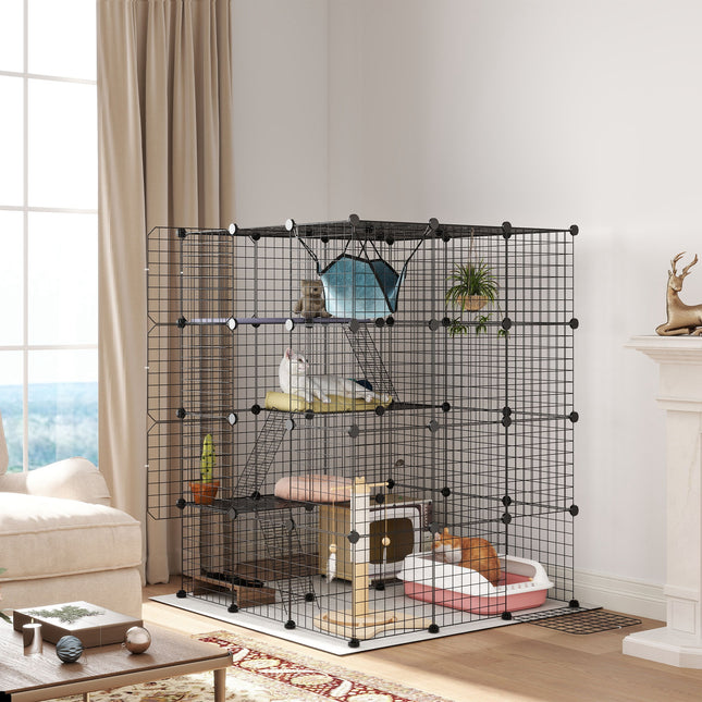 Indoor Steel Wire Cat Cage with Hammock, Ramps & Doors for 1-3 Cats - Black