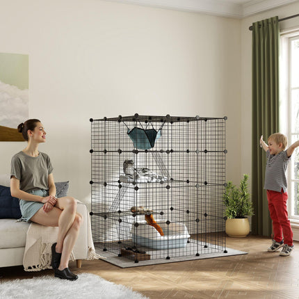 Indoor Steel Wire Cat Cage with Hammock, Ramps & Doors for 1-3 Cats - Black