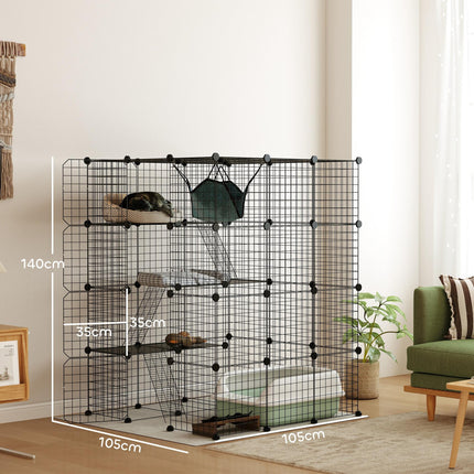 Indoor Steel Wire Cat Cage with Hammock, Ramps & Doors for 1-3 Cats - Black