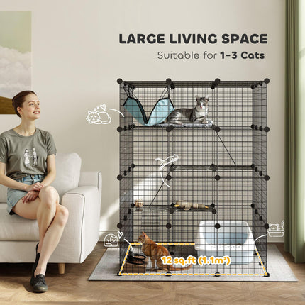 Indoor Steel Wire Cat Cage with Hammock, Ramps & Doors for 1-3 Cats - Black