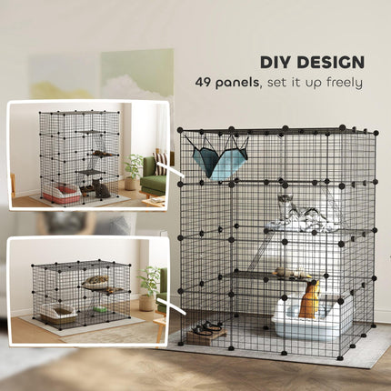 Indoor Steel Wire Cat Cage with Hammock, Ramps & Doors for 1-3 Cats - Black