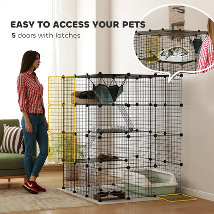 Indoor Steel Wire Cat Cage with Hammock, Ramps & Doors for 1-3 Cats - Black