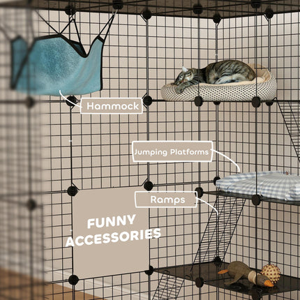 Indoor Steel Wire Cat Cage with Hammock, Ramps & Doors for 1-3 Cats - Black
