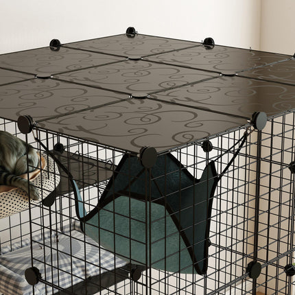Indoor Steel Wire Cat Cage with Hammock, Ramps & Doors for 1-3 Cats - Black