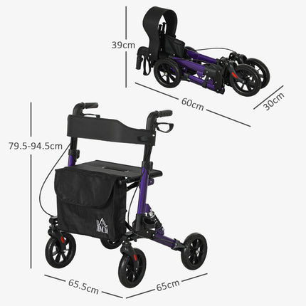 Folding Rollator Walker with Seat, Backrest, Dual Brakes, Adjustable Handle & Storage Bag for Seniors - Purple
