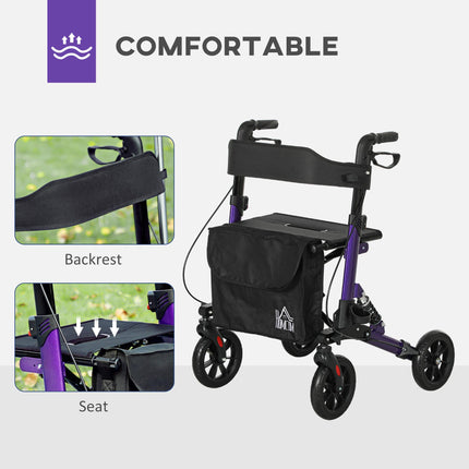 Folding Rollator Walker with Seat, Backrest, Dual Brakes, Adjustable Handle & Storage Bag for Seniors - Purple