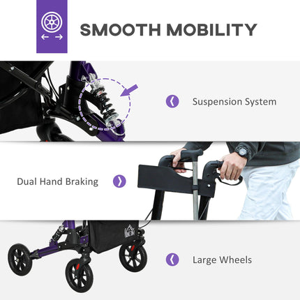 Folding Rollator Walker with Seat, Backrest, Dual Brakes, Adjustable Handle & Storage Bag for Seniors - Purple