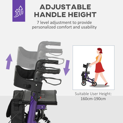 Folding Rollator Walker with Seat, Backrest, Dual Brakes, Adjustable Handle & Storage Bag for Seniors - Purple