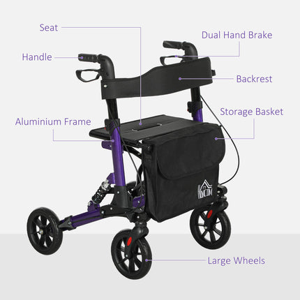 Folding Rollator Walker with Seat, Backrest, Dual Brakes, Adjustable Handle & Storage Bag for Seniors - Purple