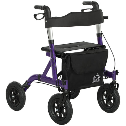 Folding Rollator Walker with Seat, Backrest, Storage Bag, Dual Brakes & All-Terrain Wheels - Purple