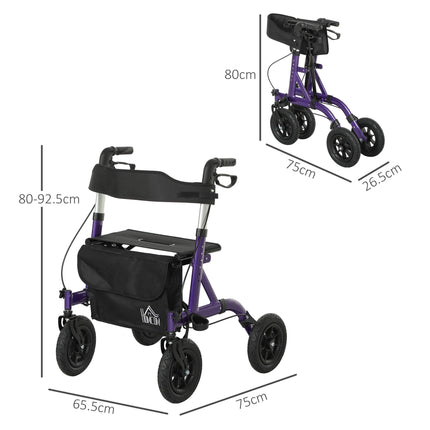 Folding Rollator Walker with Seat, Backrest, Storage Bag, Dual Brakes & All-Terrain Wheels - Purple