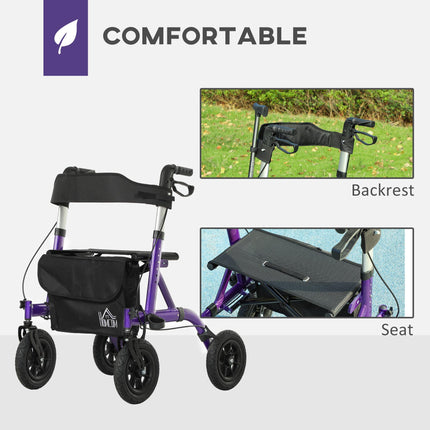 Folding Rollator Walker with Seat, Backrest, Storage Bag, Dual Brakes & All-Terrain Wheels - Purple