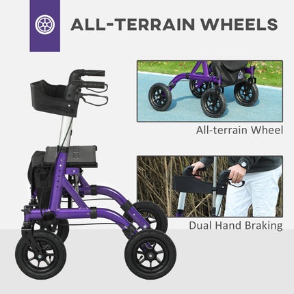 Folding Rollator Walker with Seat, Backrest, Storage Bag, Dual Brakes & All-Terrain Wheels - Purple