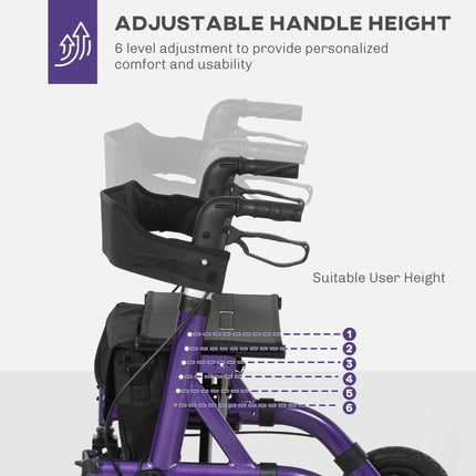 Folding Rollator Walker with Seat, Backrest, Storage Bag, Dual Brakes & All-Terrain Wheels - Purple