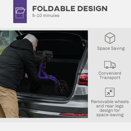 Folding Rollator Walker with Seat, Backrest, Storage Bag, Dual Brakes & All-Terrain Wheels - Purple