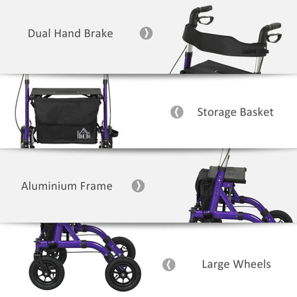 Folding Rollator Walker with Seat, Backrest, Storage Bag, Dual Brakes & All-Terrain Wheels - Purple