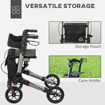 4 Wheel Rollator Walker with Seat, Backrest, Dual Brakes, Cane Holder & Carry Bag - Silver