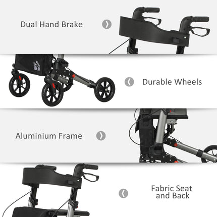 4 Wheel Rollator Walker with Seat, Backrest, Dual Brakes, Cane Holder & Carry Bag - Silver