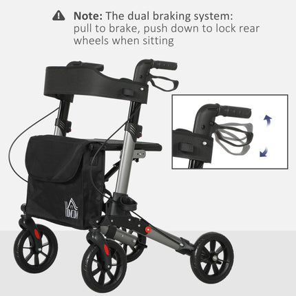 4 Wheel Rollator Walker with Seat, Backrest, Dual Brakes, Cane Holder & Carry Bag - Silver