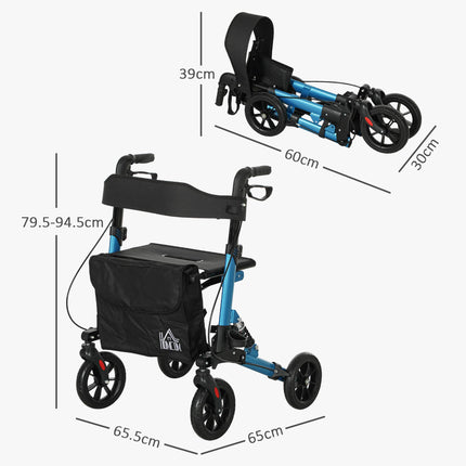 Folding Rollator Walker with Seat, Backrest, Adjustable Handles, Dual Brakes & Storage Bag - Blue