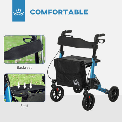 Folding Rollator Walker with Seat, Backrest, Adjustable Handles, Dual Brakes & Storage Bag - Blue