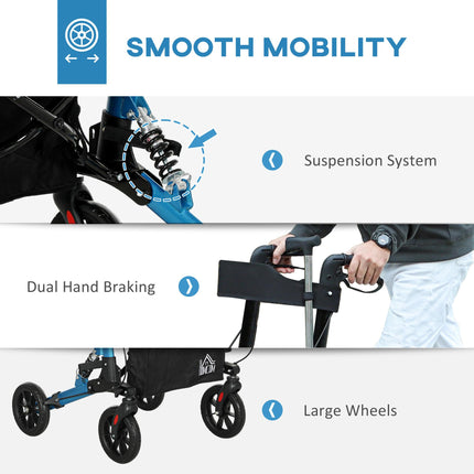 Folding Rollator Walker with Seat, Backrest, Adjustable Handles, Dual Brakes & Storage Bag - Blue