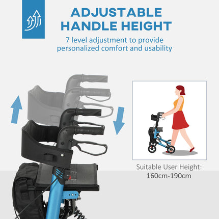Folding Rollator Walker with Seat, Backrest, Adjustable Handles, Dual Brakes & Storage Bag - Blue