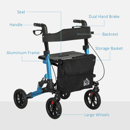 Folding Rollator Walker with Seat, Backrest, Adjustable Handles, Dual Brakes & Storage Bag - Blue