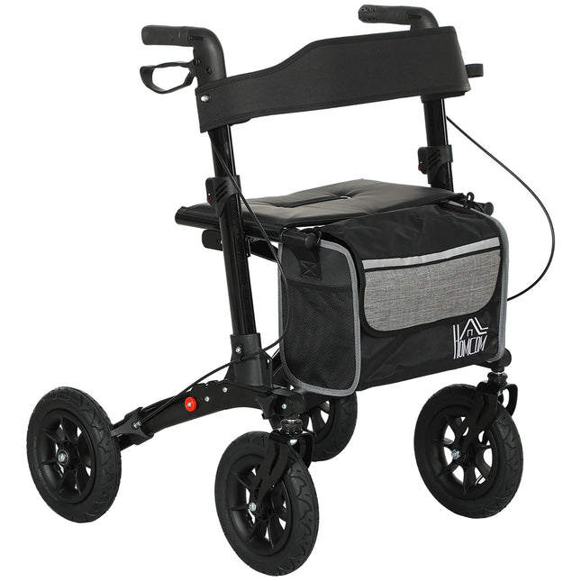 Folding Rollator Walker with Padded Seat, Backrest, Storage Bag, Dual Brakes & All-Terrain Wheels - Black