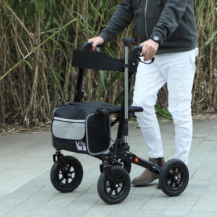 Folding Rollator Walker with Padded Seat, Backrest, Storage Bag, Dual Brakes & All-Terrain Wheels - Black