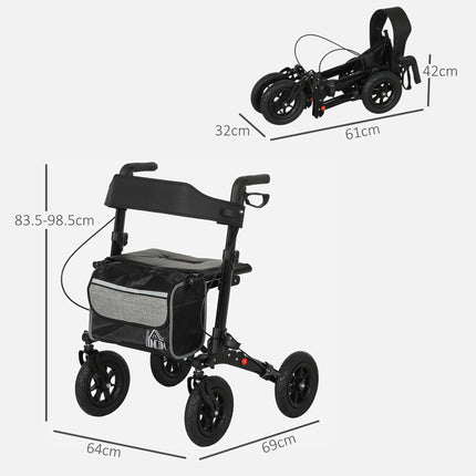 Folding Rollator Walker with Padded Seat, Backrest, Storage Bag, Dual Brakes & All-Terrain Wheels - Black