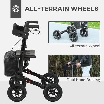 Folding Rollator Walker with Padded Seat, Backrest, Storage Bag, Dual Brakes & All-Terrain Wheels - Black