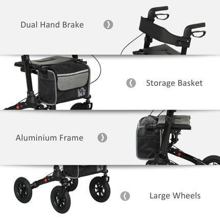 Folding Rollator Walker with Padded Seat, Backrest, Storage Bag, Dual Brakes & All-Terrain Wheels - Black