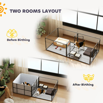 7 Panel Dog Whelping Box and Playpen for Small to Medium Dogs with Washable Pads - Black
