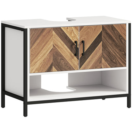 Under Sink Bathroom Cabinet with Herringbone Doors and Open Compartment 80x40x60cm - Cream White