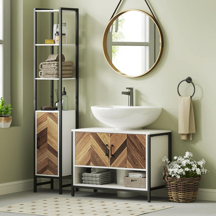 Under Sink Bathroom Cabinet with Herringbone Doors and Open Compartment 80x40x60cm - Cream White
