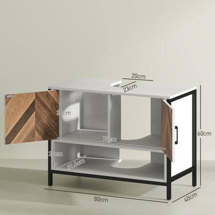 Under Sink Bathroom Cabinet with Herringbone Doors and Open Compartment 80x40x60cm - Cream White