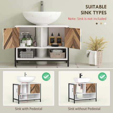 Under Sink Bathroom Cabinet with Herringbone Doors and Open Compartment 80x40x60cm - Cream White
