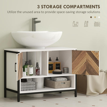 Under Sink Bathroom Cabinet with Herringbone Doors and Open Compartment 80x40x60cm - Cream White