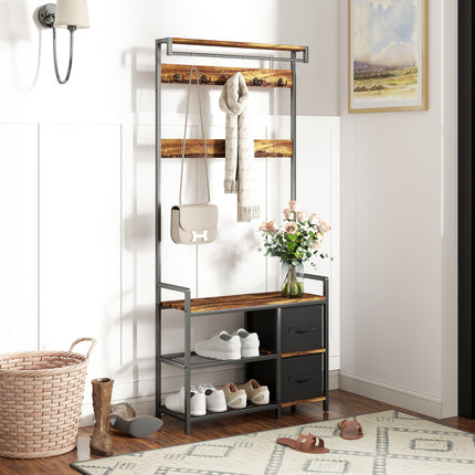 Industrial Multi-Use Hallway Tree with Bench and Storage - Brown/Black