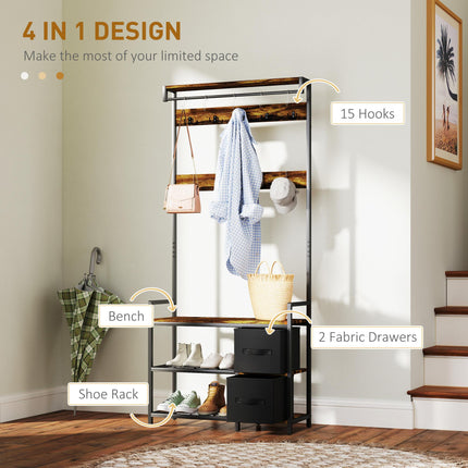 Industrial Multi-Use Hallway Tree with Bench and Storage - Brown/Black