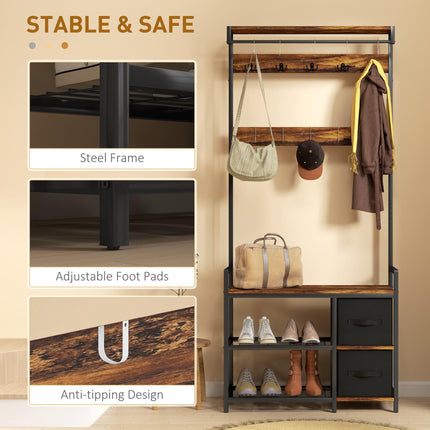 Industrial Multi-Use Hallway Tree with Bench and Storage - Brown/Black