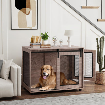 Dog Crate Furniture with Sliding Door for Large Dogs 98x60x78cm - Walnut Brown